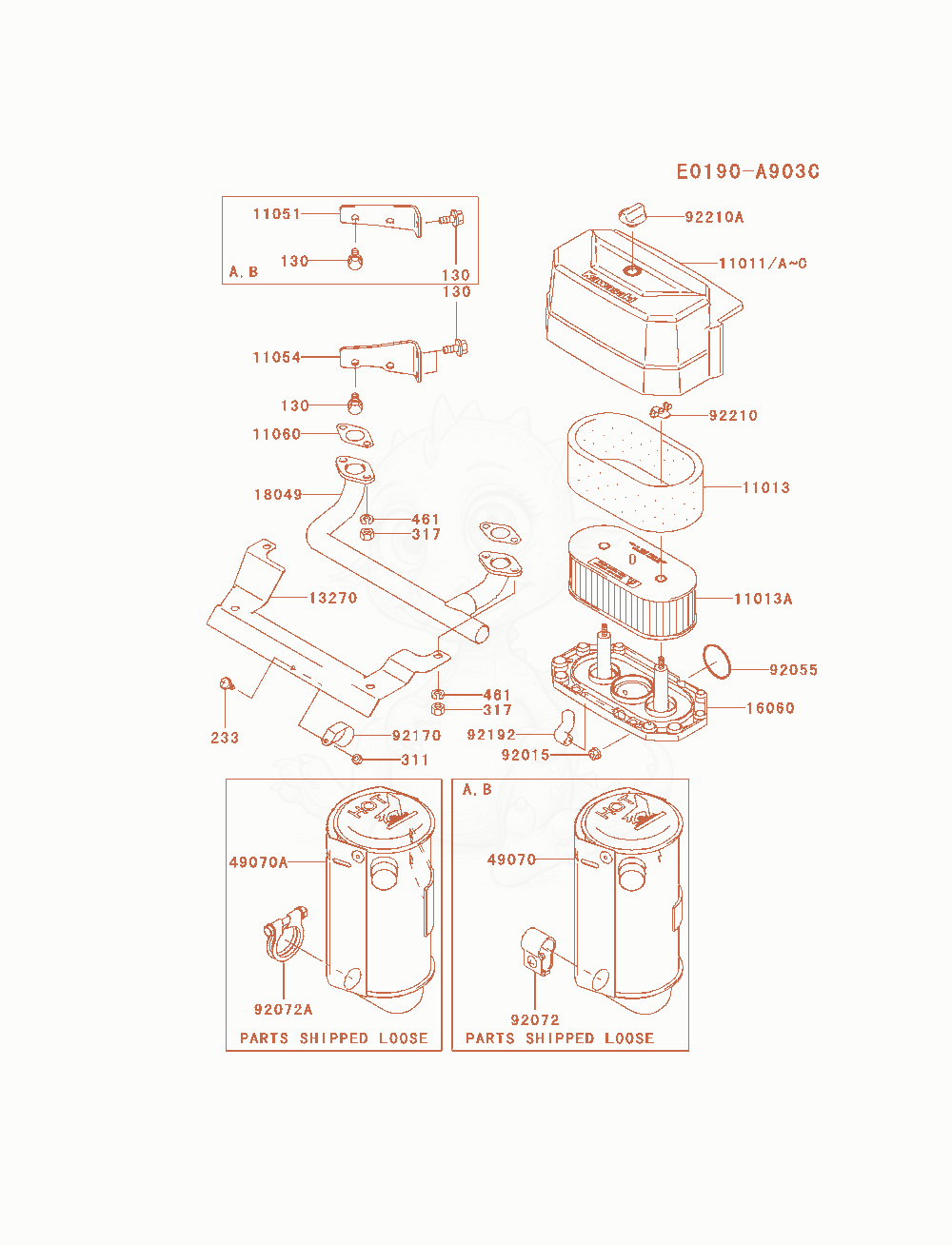 Despiece del Air-Filter / Muffler de un motor Kawasaki FH580V-AS24, con globos numerados
