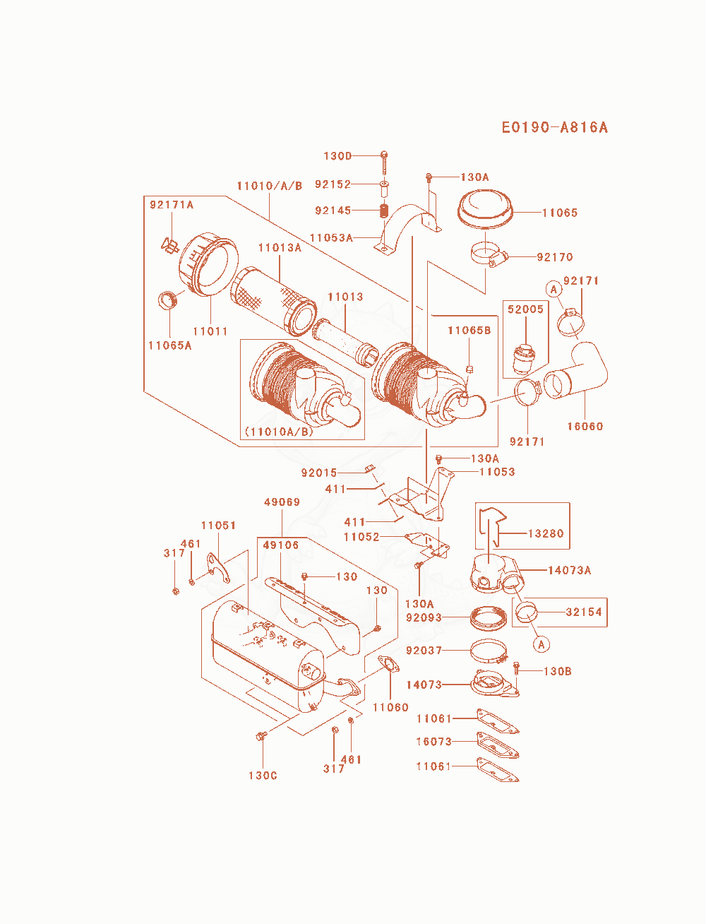 Despiece del Air-Filter / Muffler de un motor Kawasaki FD791D-AS01, con globos numerados