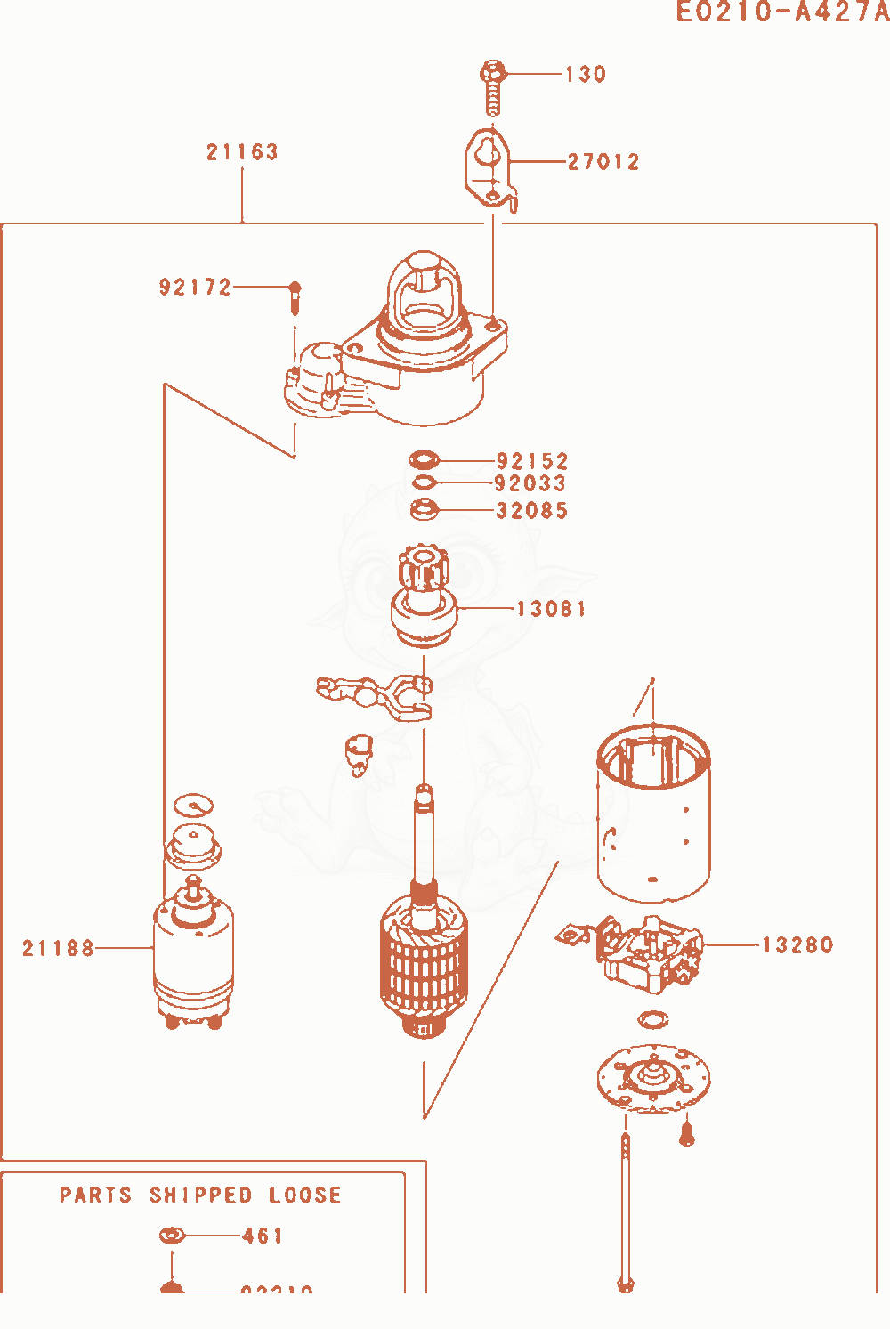 Despiece del Starter de un motor Kawasaki FX801V-AS04, con globos numerados