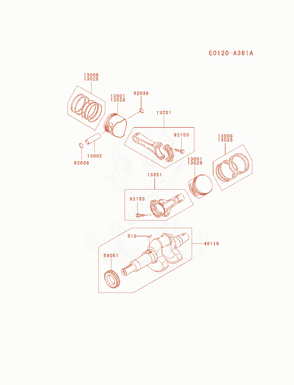 Despiece del Piston / Crankshaft de un motor Kawasaki FD791D-AS07, con globos numerados