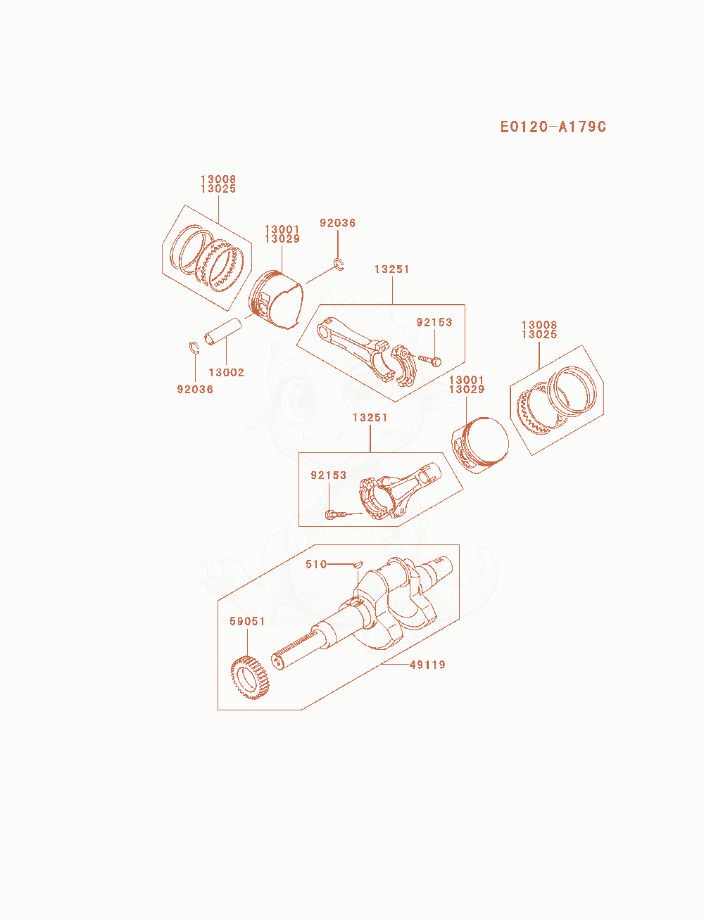 Despiece del Piston / Crankshaft de un motor Kawasaki FD791D-AS03, con globos numerados
