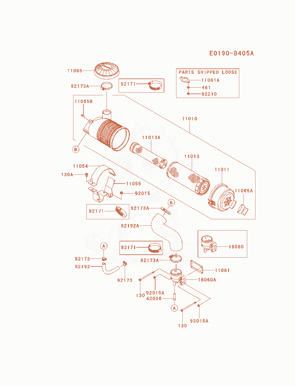 Despiece del Air-Filter / Muffler de un motor Kawasaki FX921V-AS07, con globos numerados