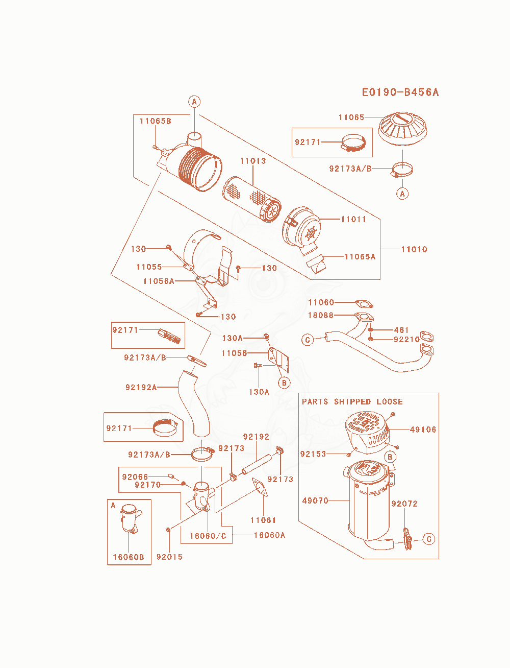 Despiece del Air-Filter / Muffler de un motor Kawasaki FX600V-AS09, con globos numerados