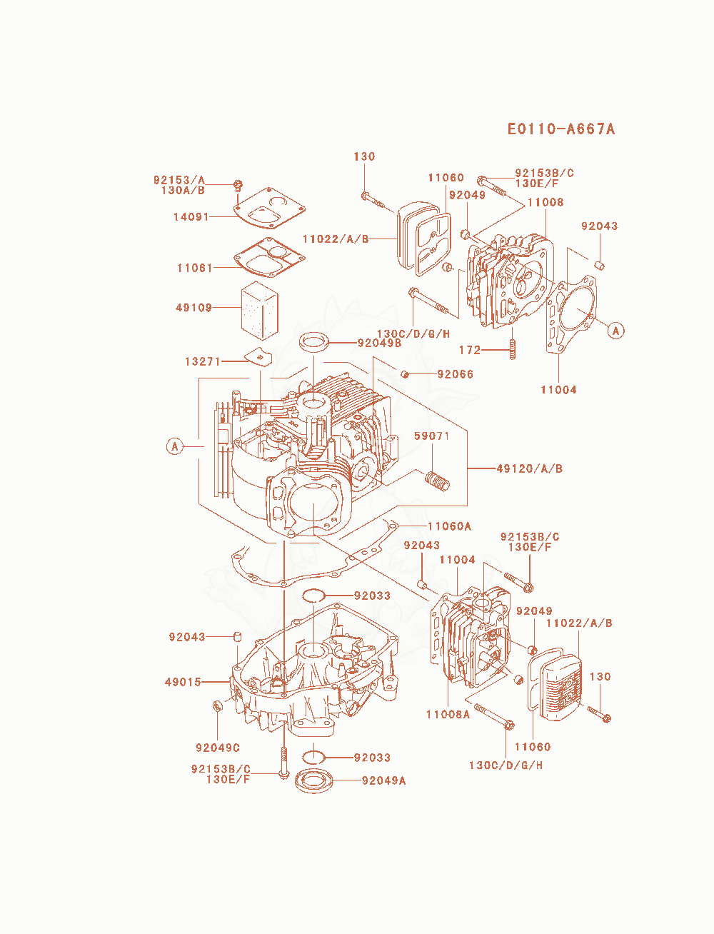Despiece del Cylinder / Crankcase de un motor Kawasaki FH580V-AS35, con globos numerados