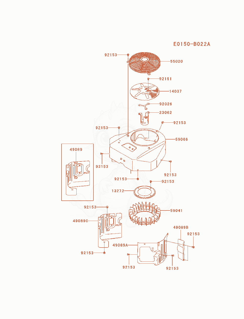 Despiece del Cooling-Equipment de un motor Kawasaki FX730V-AS11, con globos numerados