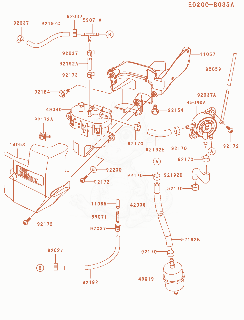 Despiece del Fuel-Tank / Fuel-Valve de un motor Kawasaki FT730V-AS43, con globos numerados