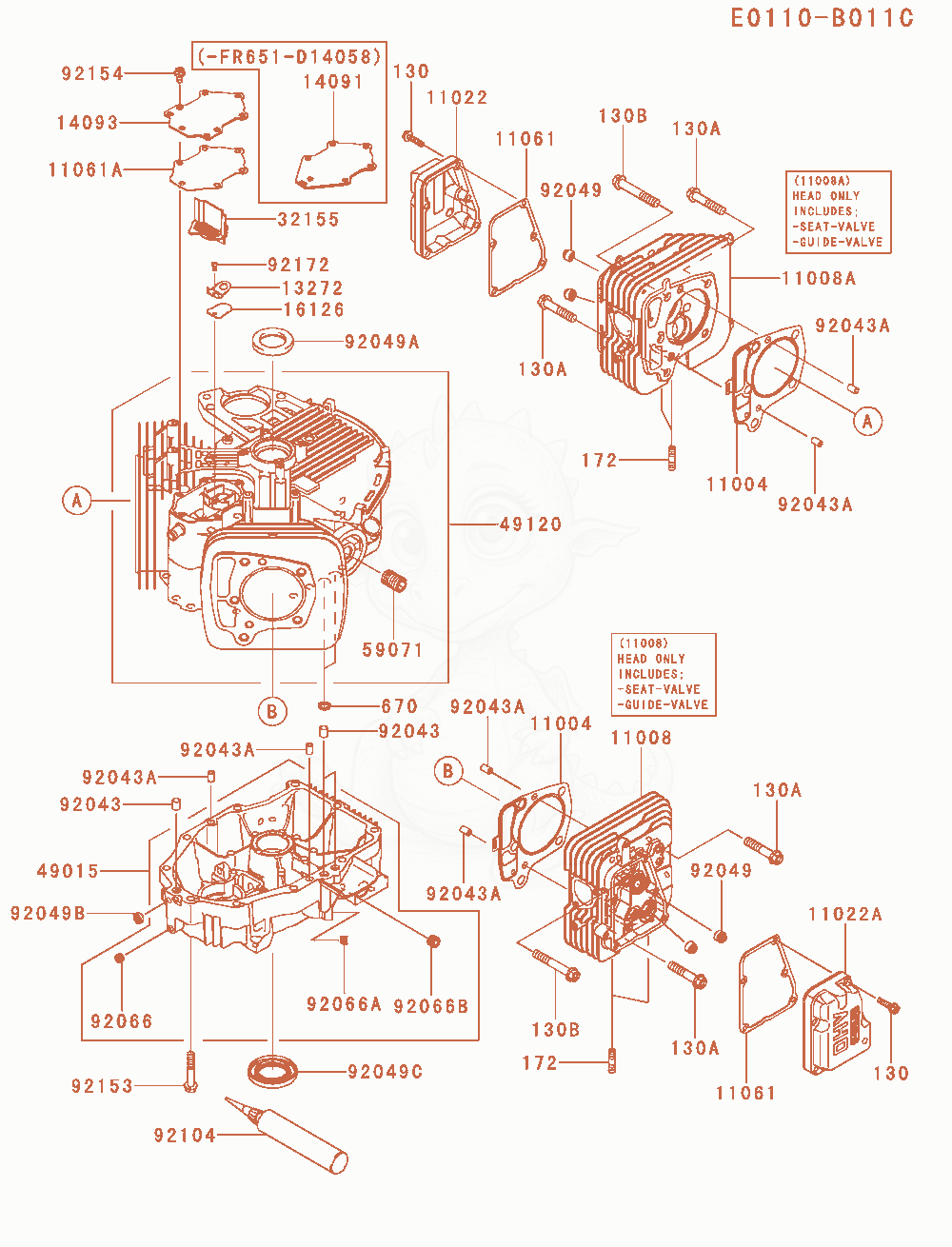 Despiece del Cylinder / Crankcase de un motor Kawasaki FR651V-AS34, con globos numerados