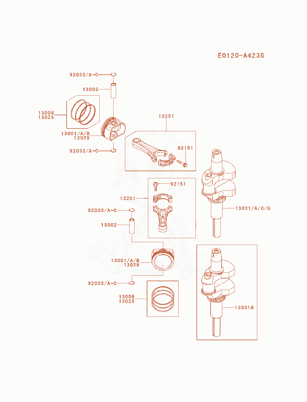 Exploded parts diagram of the Piston / Crankshaft of a Kawasaki FS600V-AS08 engine, with numbered balloons