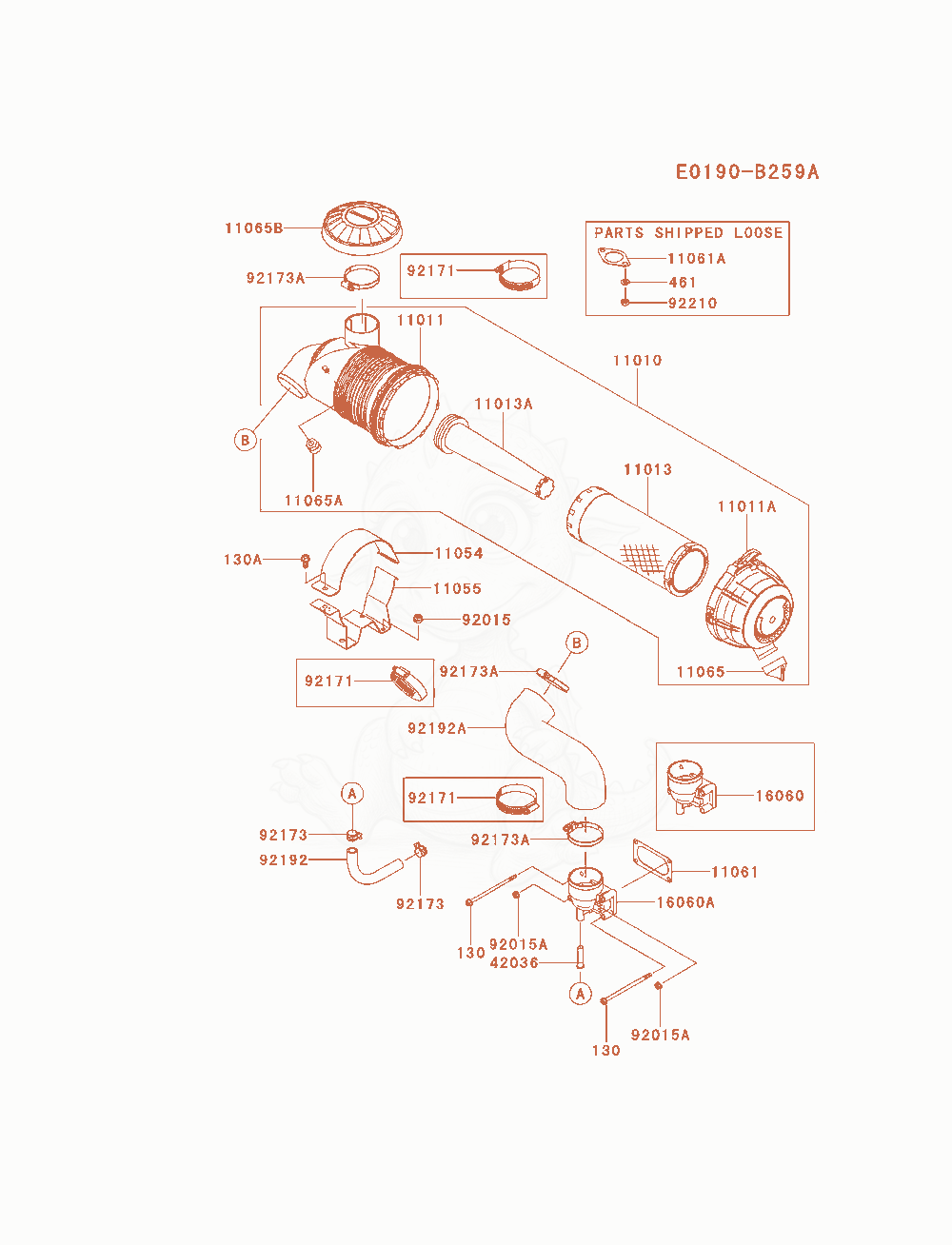 Despiece del Air-Filter / Muffler de un motor Kawasaki FX921V-AS06, con globos numerados