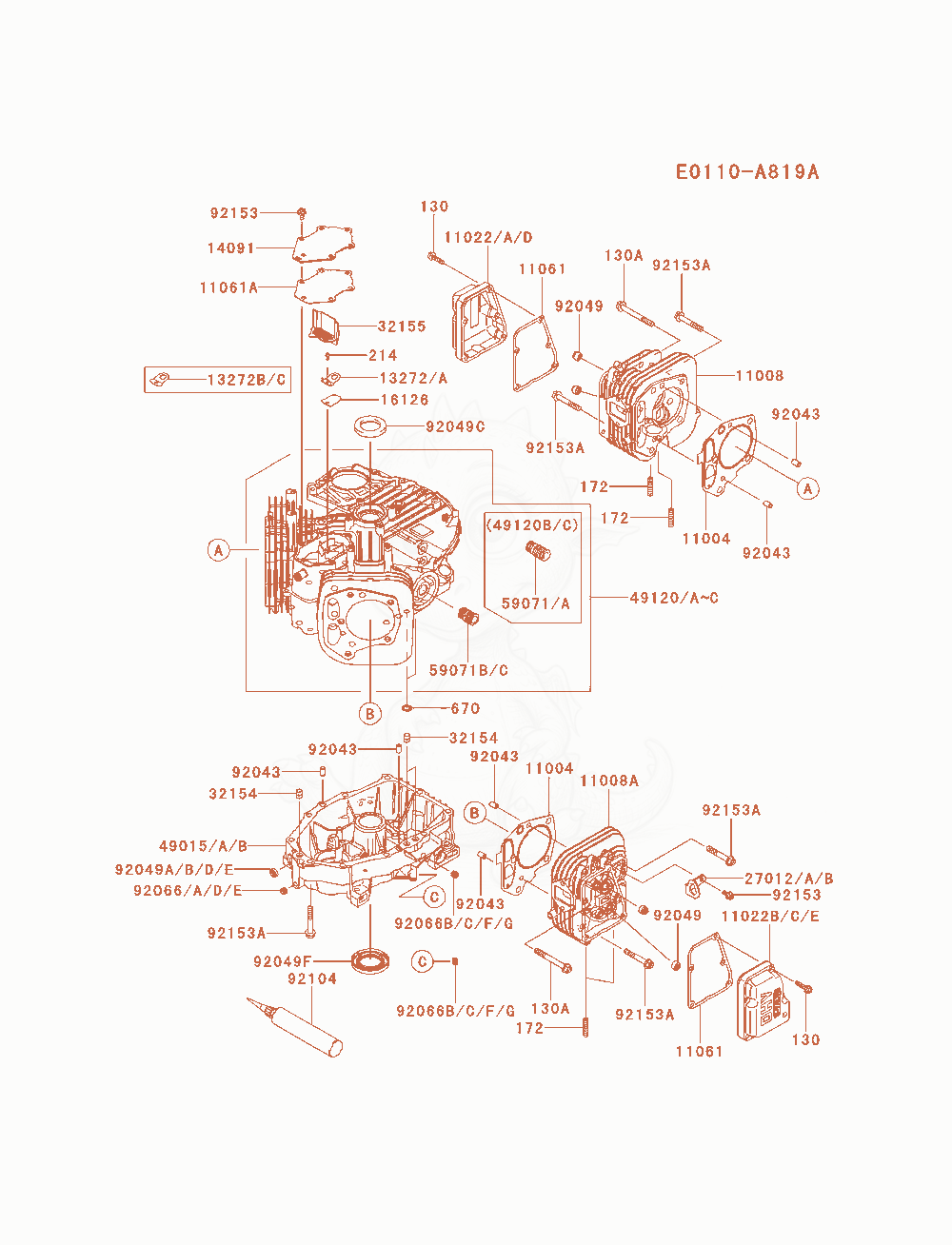 Despiece del Cylinder / Crankcase de un motor Kawasaki FS600V-AS07, con globos numerados