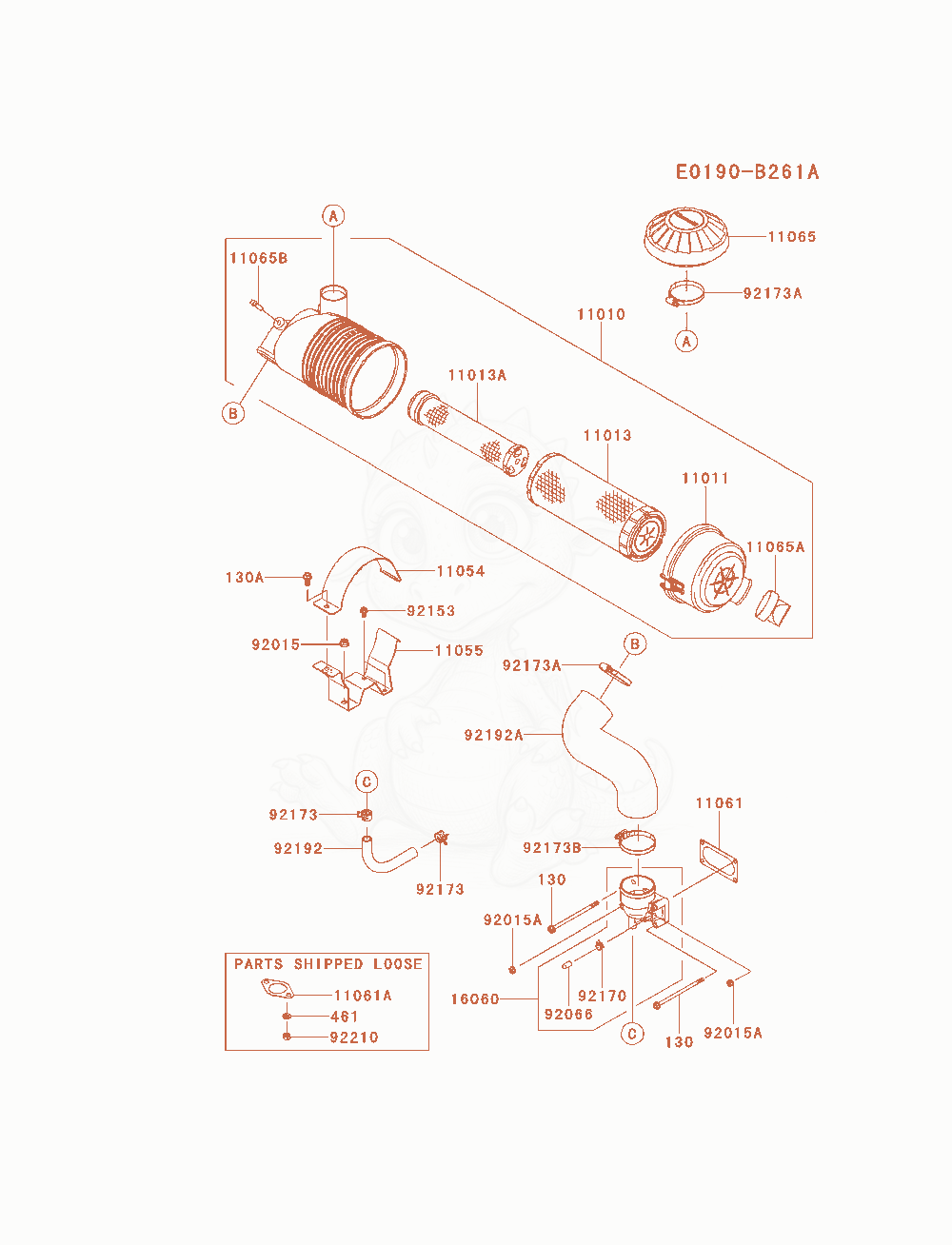 Despiece del Air-Filter / Muffler de un motor Kawasaki FXT00V-AS09, con globos numerados