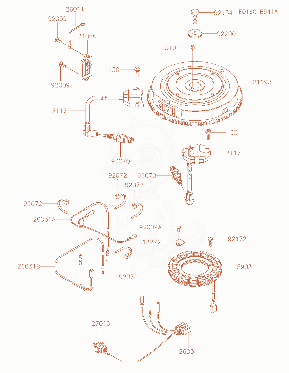 Despiece del Electric-Equipment de un motor Kawasaki FT730V-AS04, con globos numerados