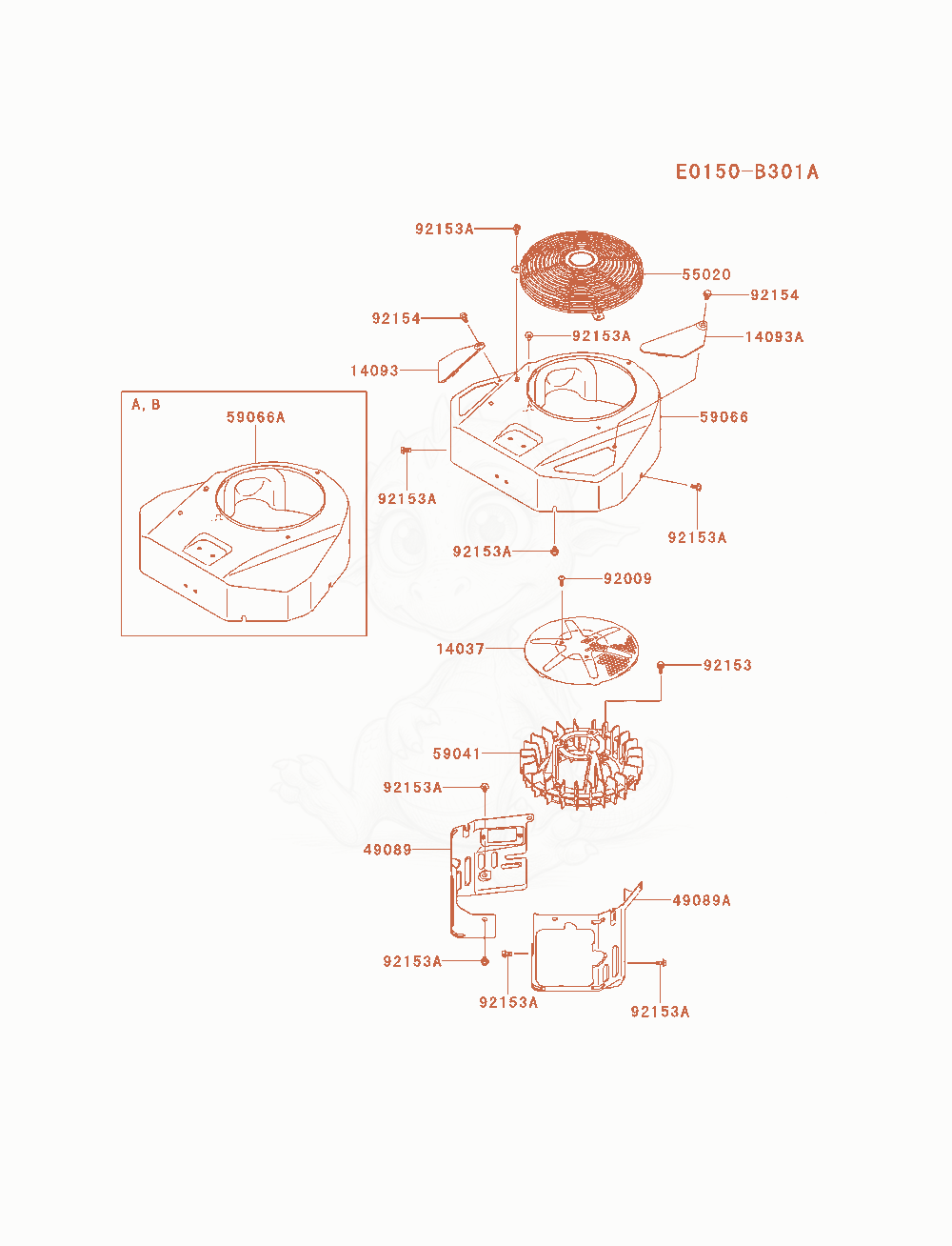 Despiece del Cooling-Equipment de un motor Kawasaki FX481V-CS10, con globos numerados