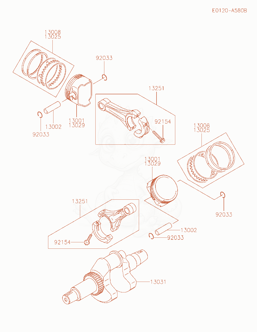 Exploded parts diagram of the Piston / Crankshaft of a Kawasaki FH721D-GS08 engine, with numbered balloons