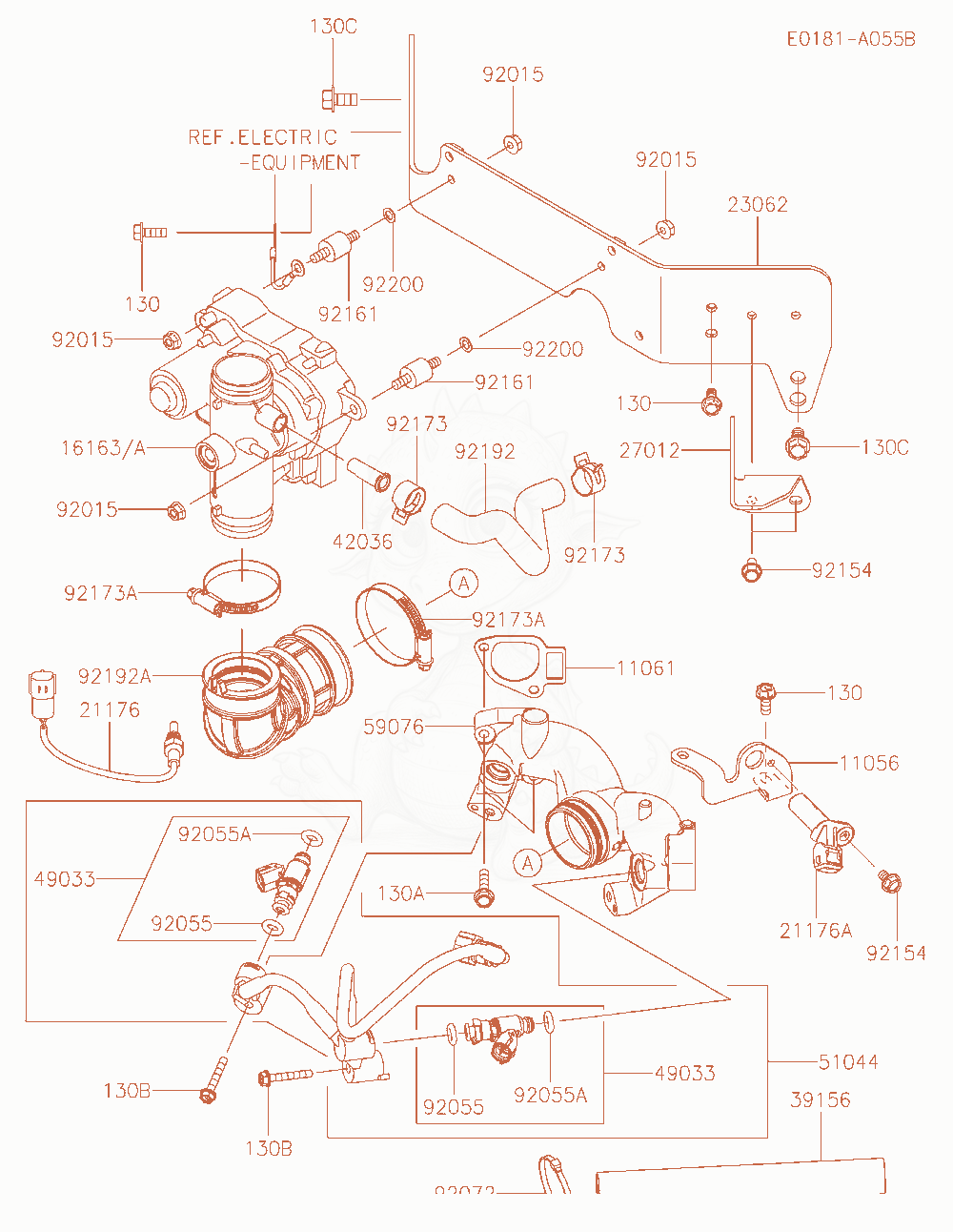 Despiece del Throttle-Equipment de un motor Kawasaki FT730V-AS02, con globos numerados