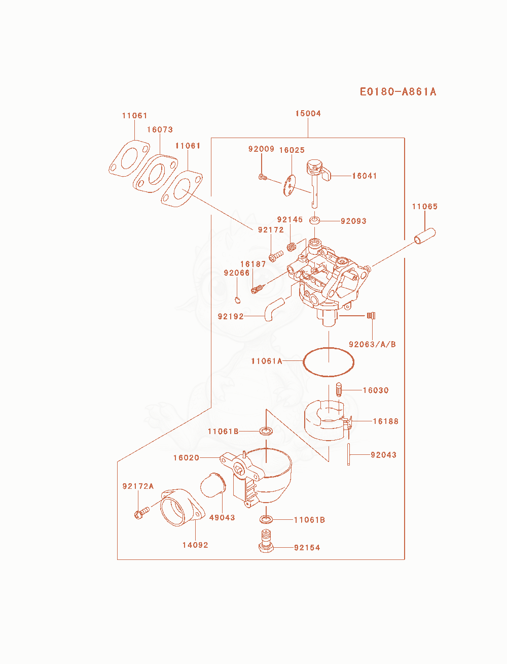 Despiece del Carburetor de un motor Kawasaki FJ180V-AM12, con globos numerados