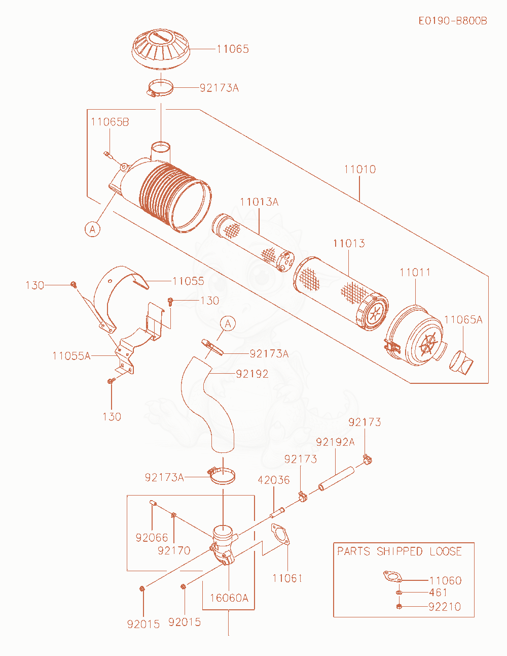 Despiece del Air-Filter / Muffler de un motor Kawasaki FX730V-AR11, con globos numerados