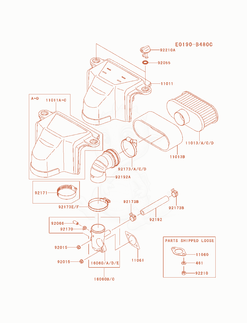 Despiece del Air-Filter / Muffler de un motor Kawasaki FS481V-AS01, con globos numerados