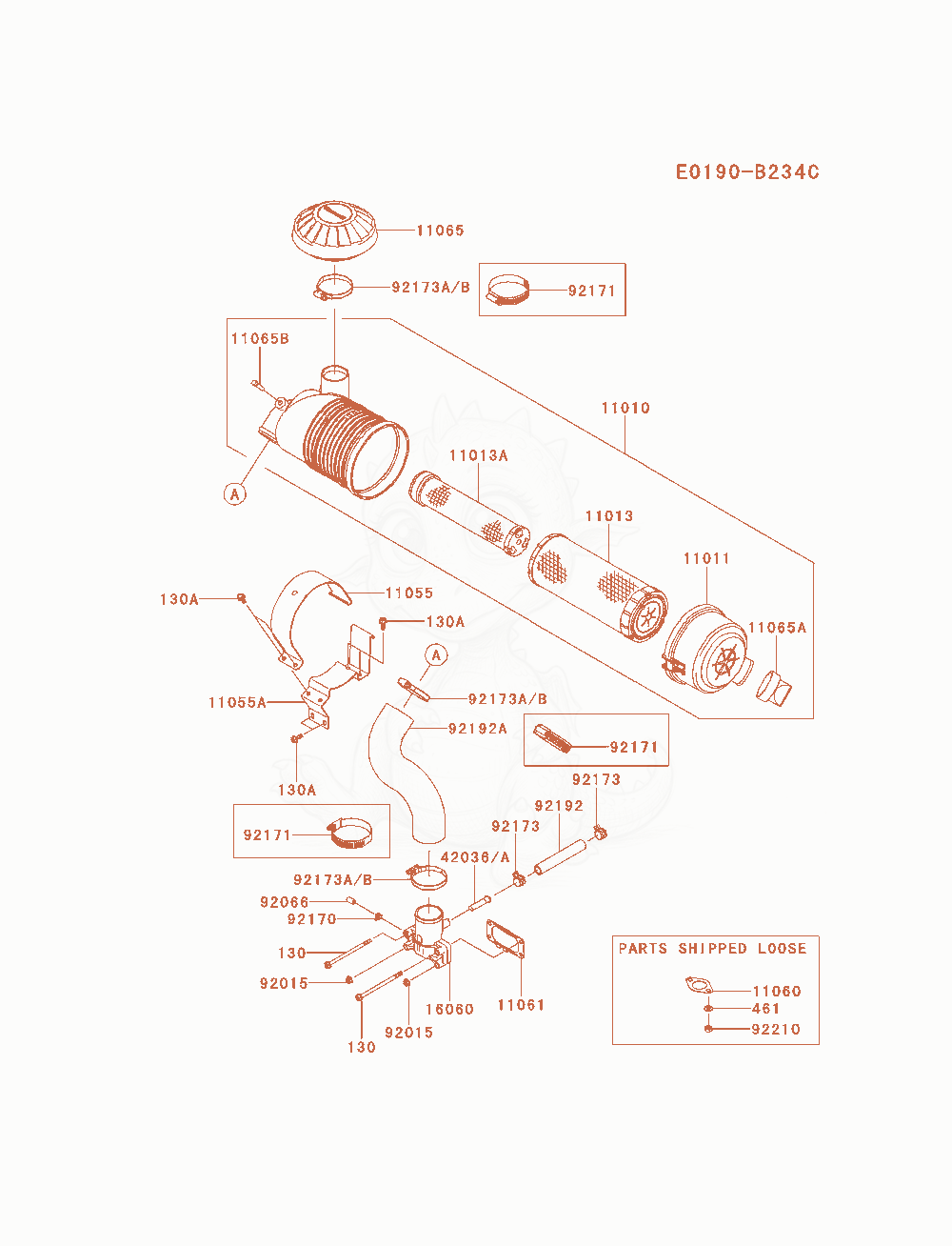 Despiece del Air-Filter / Muffler de un motor Kawasaki FX651V-AS05, con globos numerados