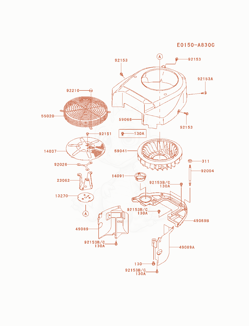 Despiece del Cooling-Equipment de un motor Kawasaki FH680V-ES20, con globos numerados