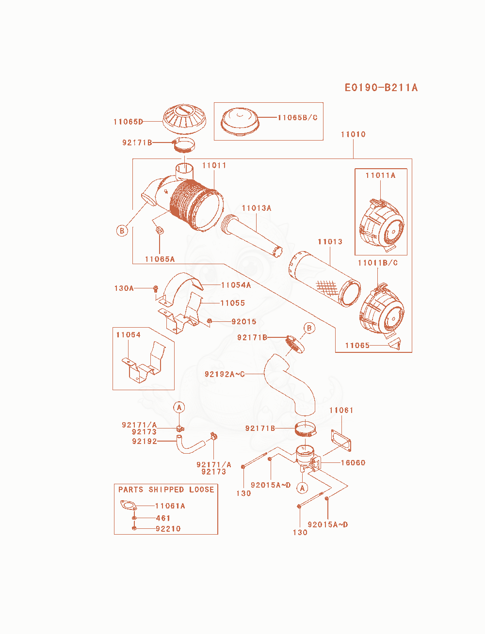 Despiece del Air-Filter / Muffler de un motor Kawasaki FXT00V-AS05, con globos numerados