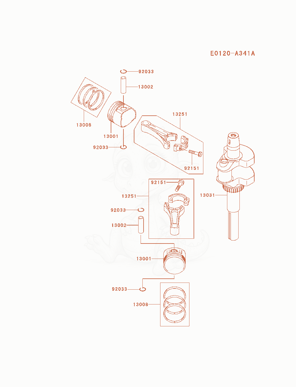 Despiece del Piston / Crankshaft de un motor Kawasaki FH580V-AS38, con globos numerados