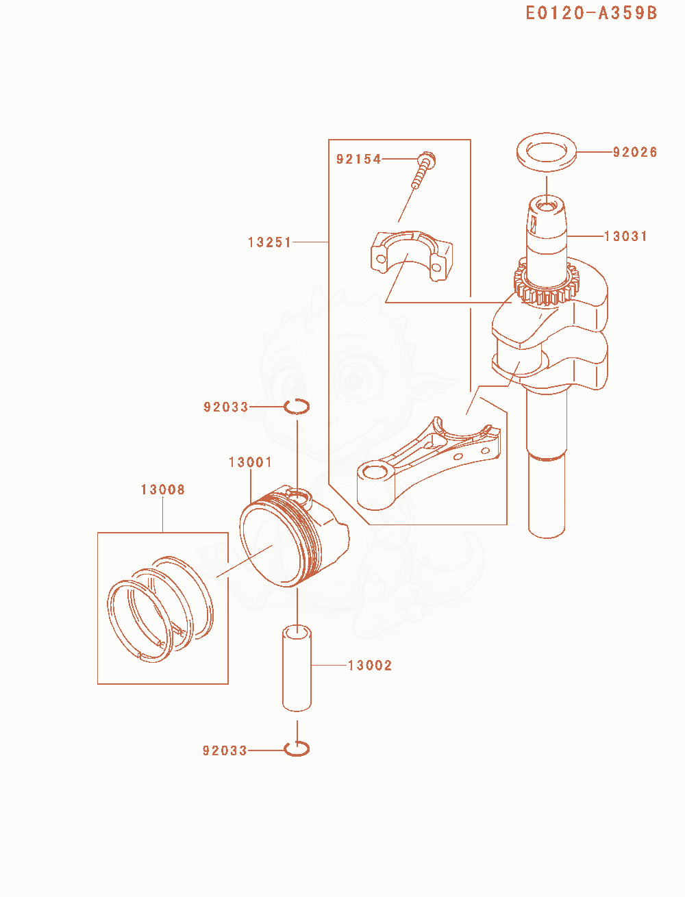 Exploded parts diagram of the Piston / Crankshaft of a Kawasaki FJ180V-AM21 engine, with numbered balloons
