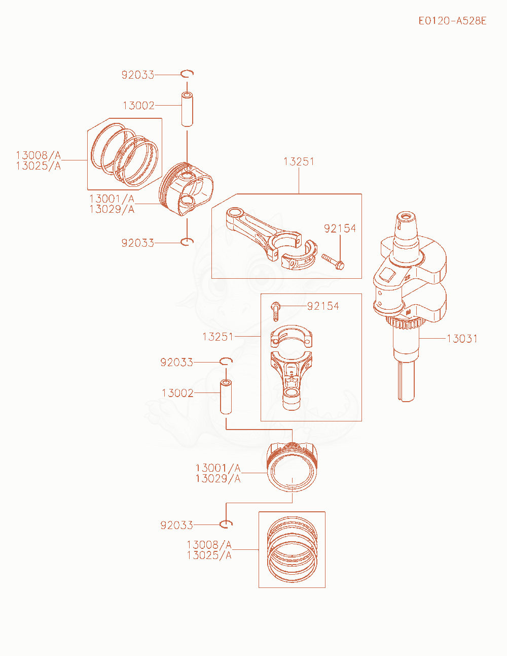 Despiece del Piston / Crankshaft de un motor Kawasaki FX730V-CR00, con globos numerados