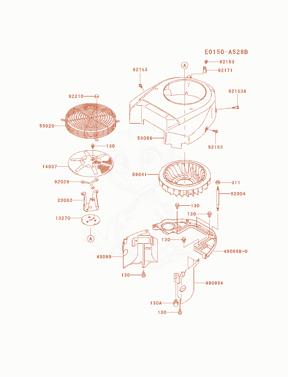 Despiece del Cooling-Equipment de un motor Kawasaki FH721V-AS21, con globos numerados