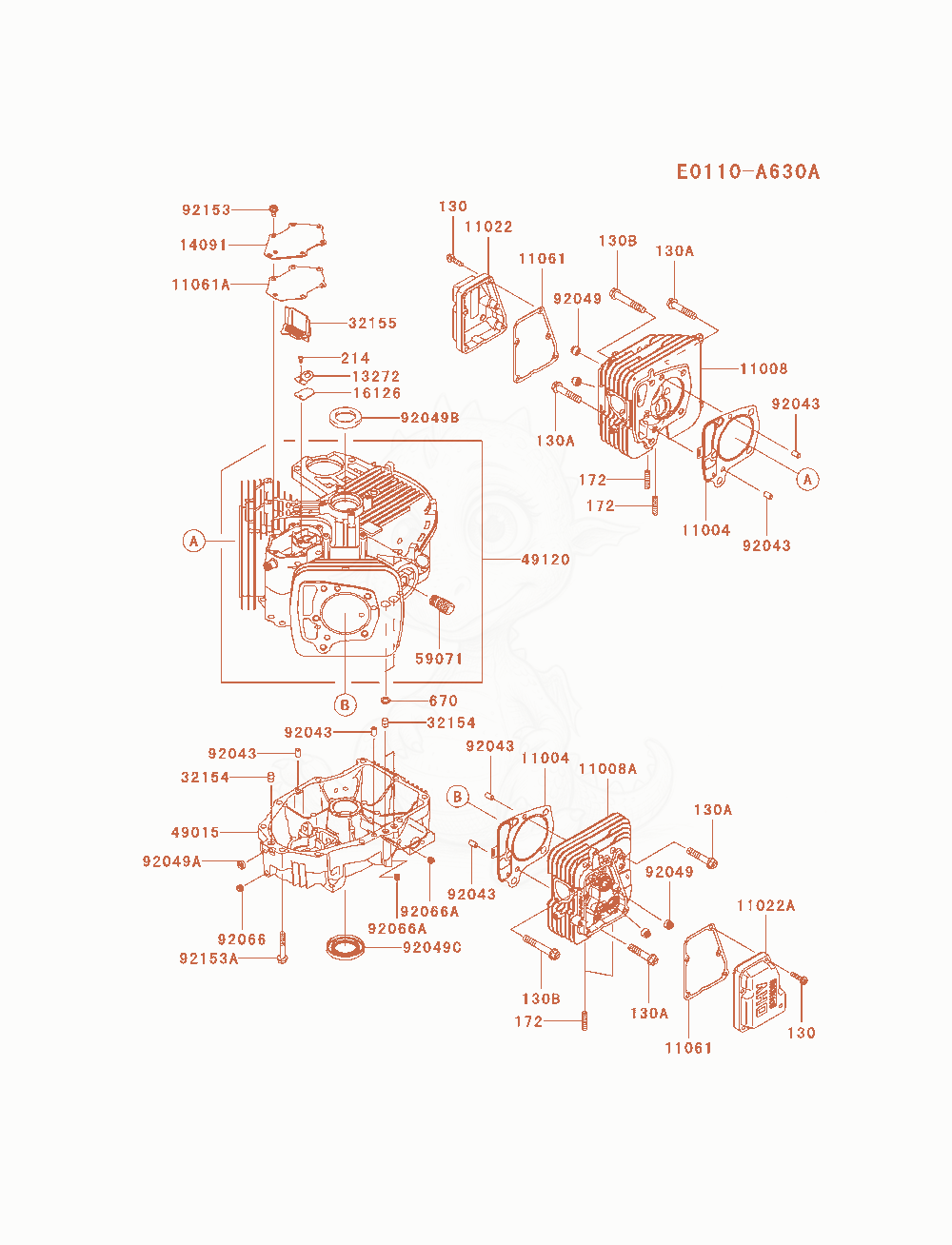 Despiece del Cylinder / Crankcase de un motor Kawasaki FR691V-AS04, con globos numerados
