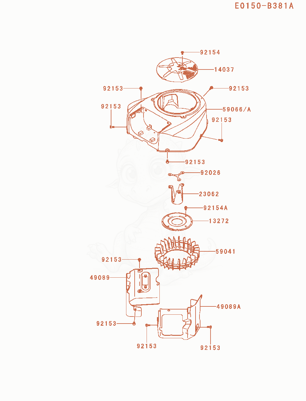 Despiece del Cooling-Equipment de un motor Kawasaki FR651V-AS08, con globos numerados
