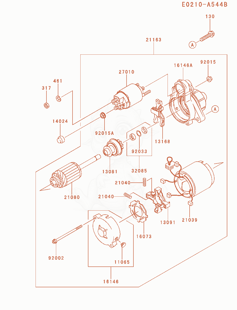 Despiece del Starter de un motor Kawasaki FD750D-NS00, con globos numerados