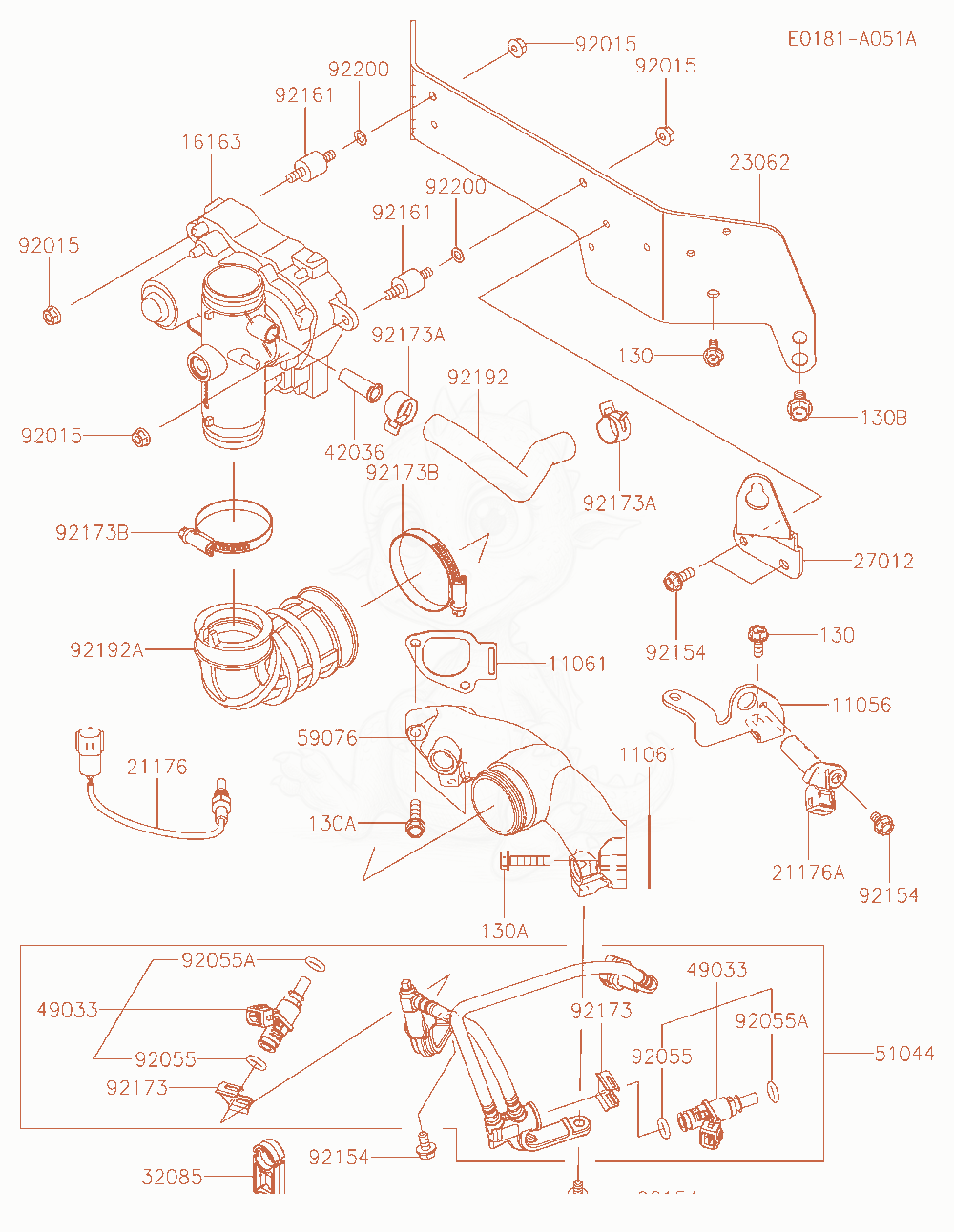 Despiece del Throttle-Equipment de un motor Kawasaki FS730V-AS71, con globos numerados