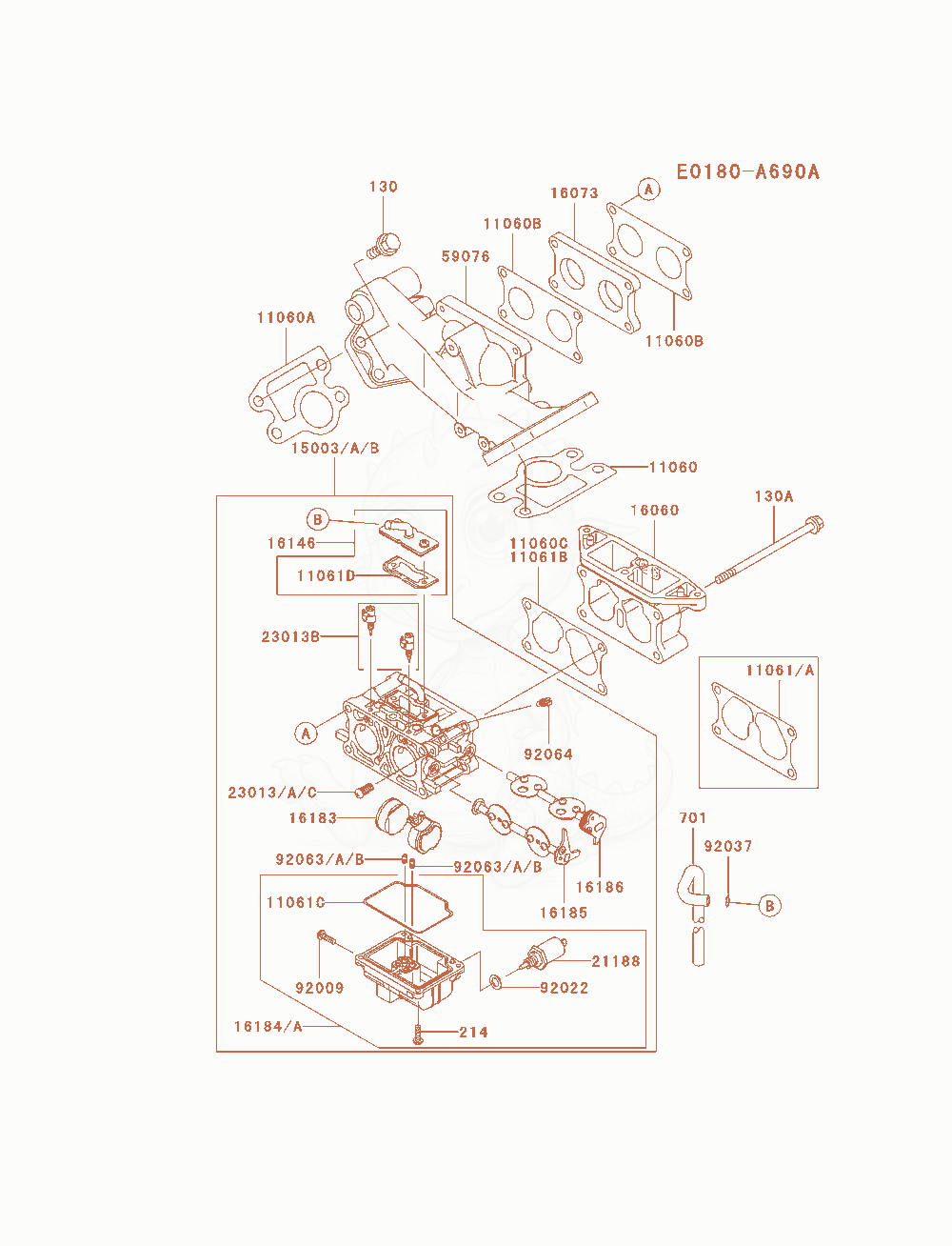 Exploded parts diagram of the Carburetor of a Kawasaki FD750D-BS03 engine, with numbered balloons