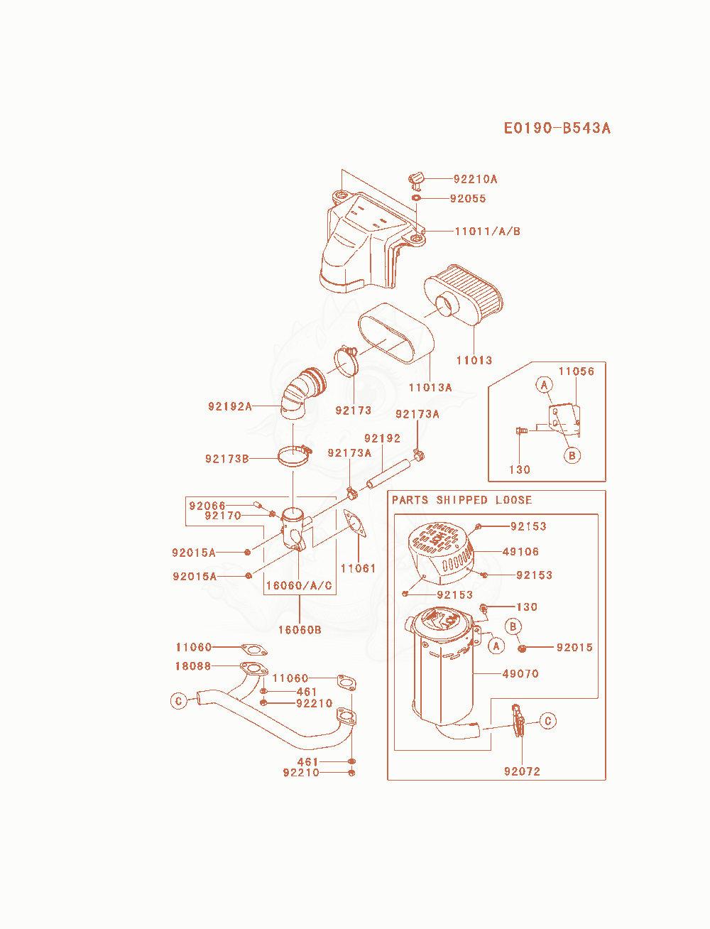Despiece del Air-Filter / Muffler(As13 / Bs13) de un motor Kawasaki FS600V-AS13, con globos numerados