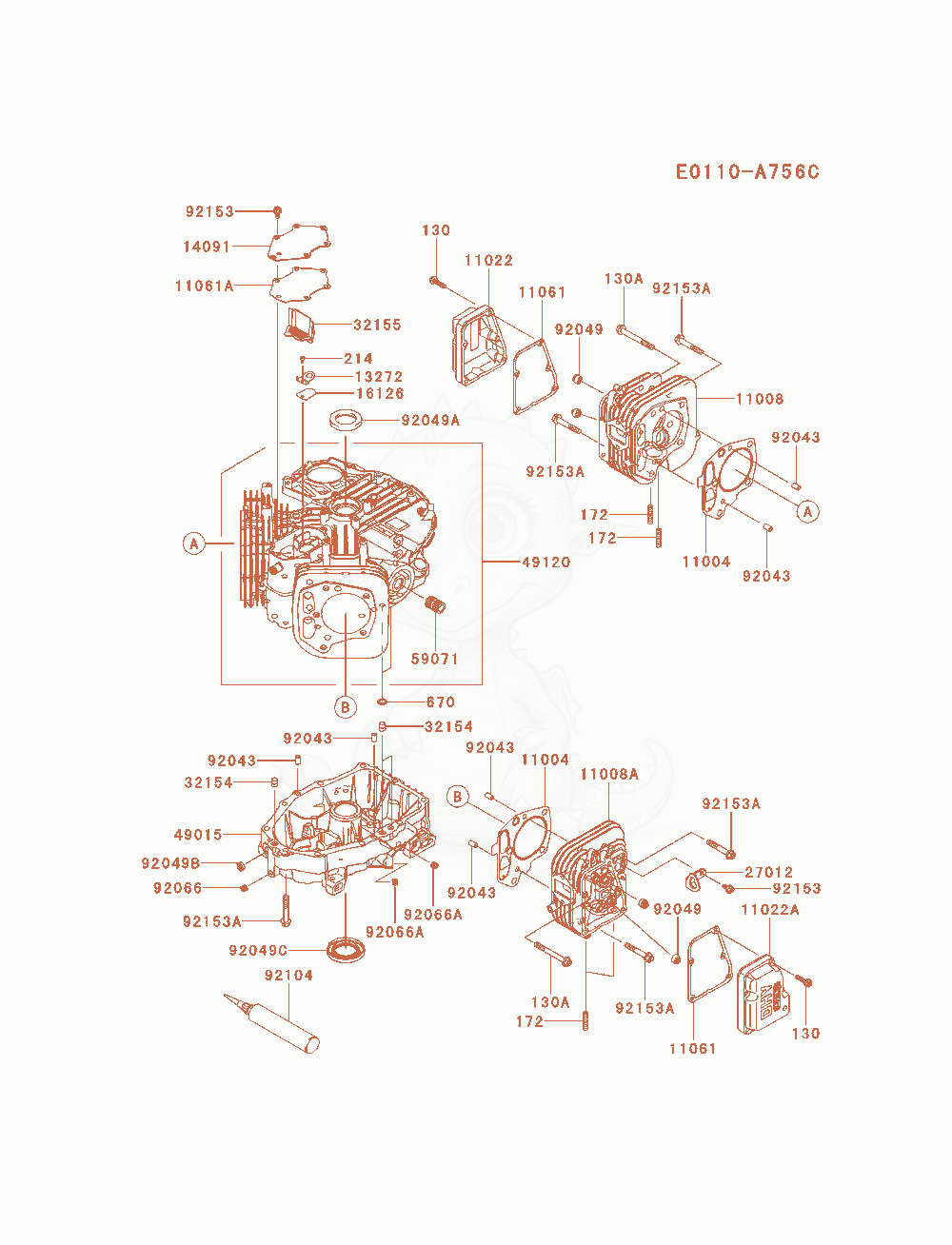 Despiece del Cylinder / Crankcase de un motor Kawasaki FS541V-AS18, con globos numerados