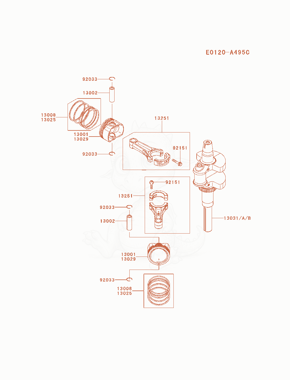Exploded parts diagram of the Piston / Crankshaft of a Kawasaki FS730V-AS11 engine, with numbered balloons
