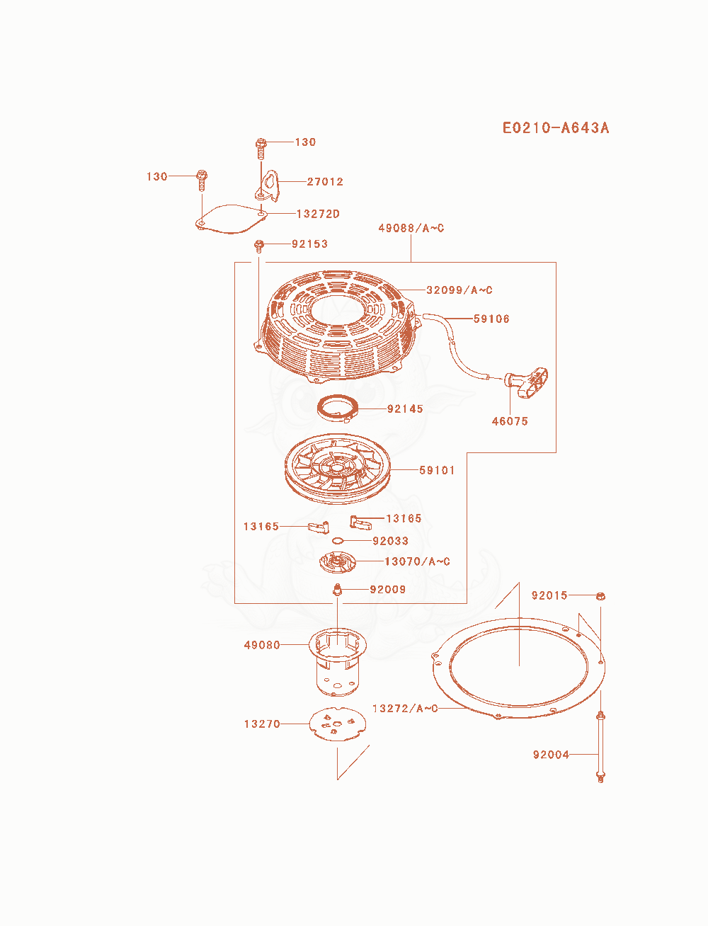 Despiece del Starter de un motor Kawasaki FS481V-AS24, con globos numerados