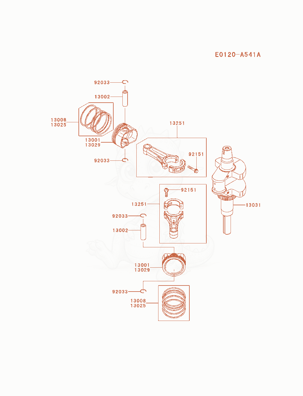 Exploded parts diagram of the Piston / Crankshaft of a Kawasaki FR651V-AS33 engine, with numbered balloons