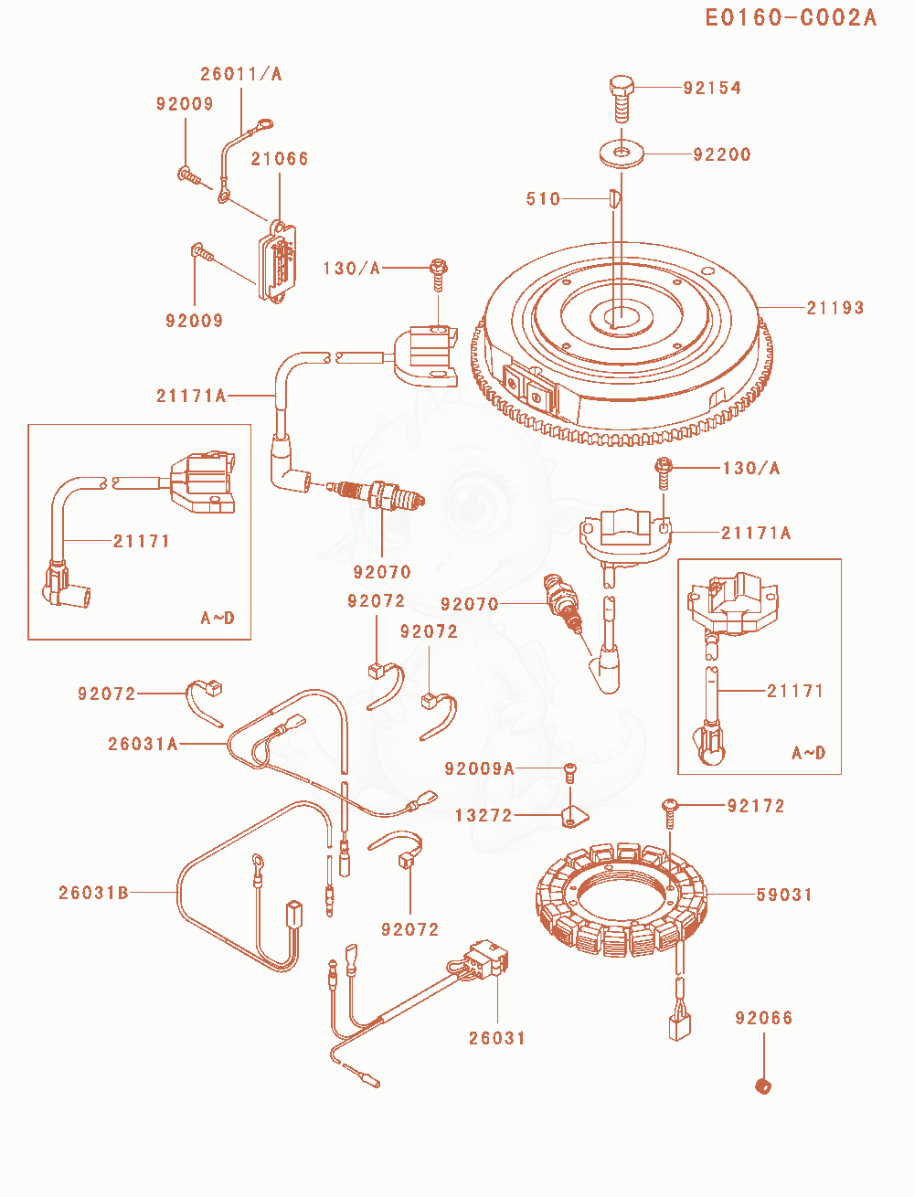 Despiece del Electric-Equipment de un motor Kawasaki FR691V-AS06, con globos numerados