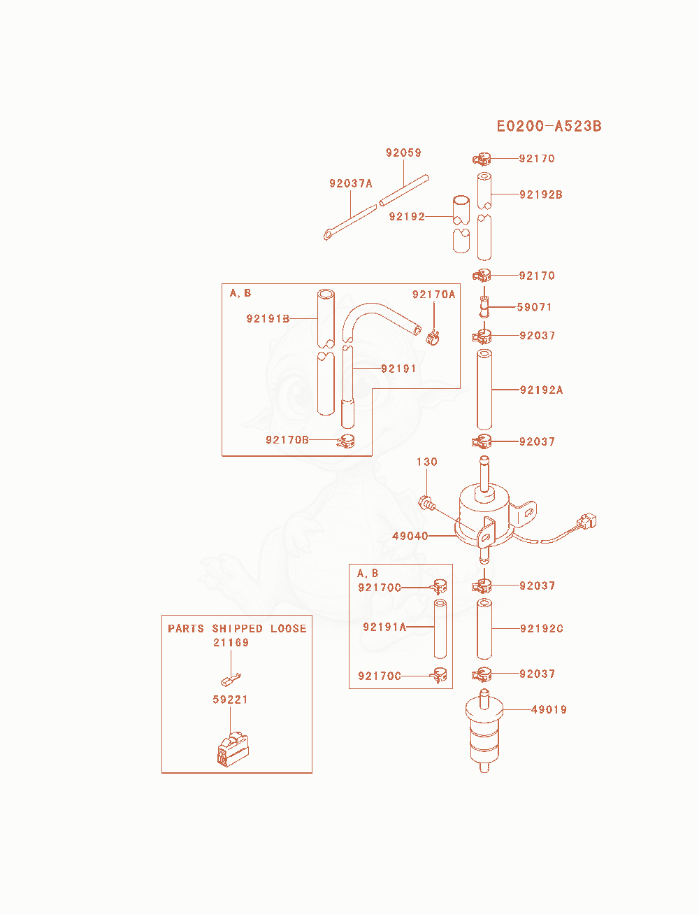 Despiece del Fuel-Tank / Fuel-Valve de un motor Kawasaki FD750D-BS09, con globos numerados
