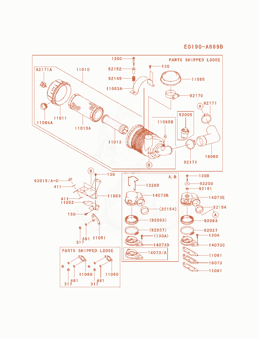 Despiece del Air-Filter / Muffler de un motor Kawasaki FD791D-AS04, con globos numerados