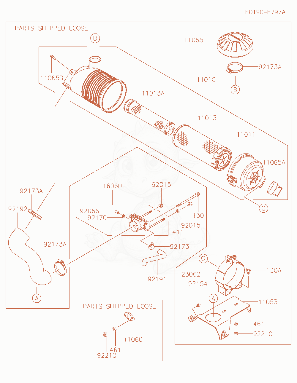Despiece del Air-Filter / Muffler de un motor Kawasaki FH721D-GS08, con globos numerados