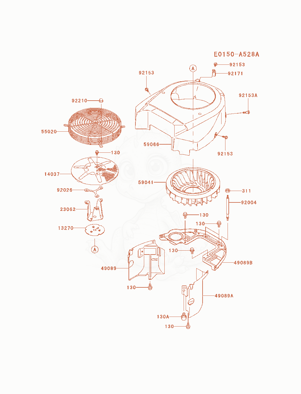 Despiece del Cooling-Equipment de un motor Kawasaki FH721V-AS28, con globos numerados
