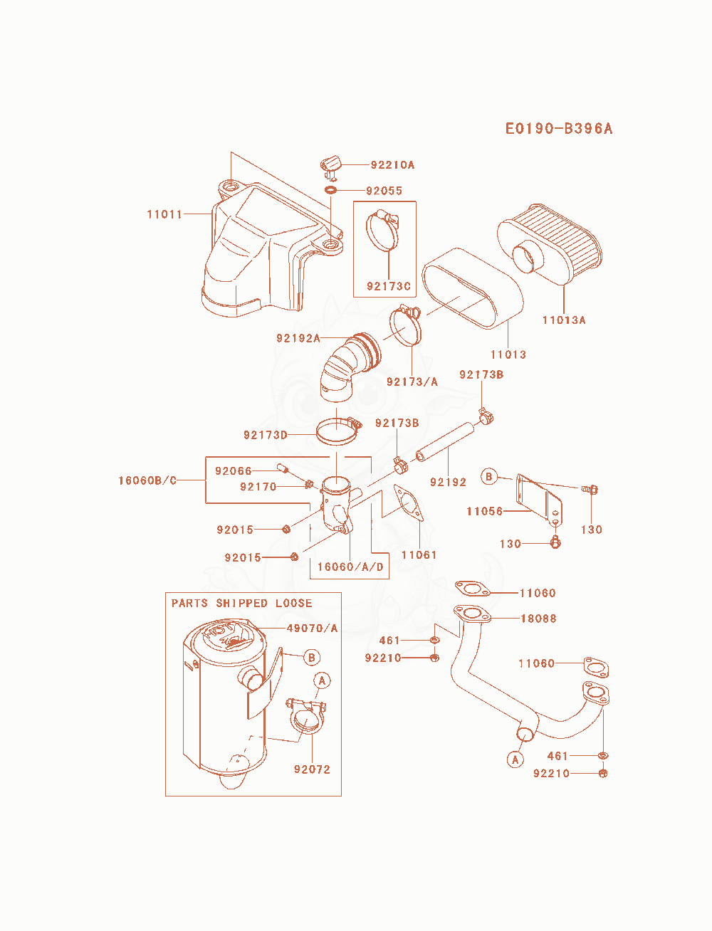 Despiece del Air-Filter / Muffler de un motor Kawasaki FS481V-AS12, con globos numerados