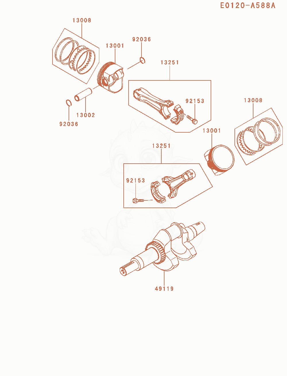 Exploded parts diagram of the Piston / Crankshaft of a Kawasaki FD851D-MS04 engine, with numbered balloons