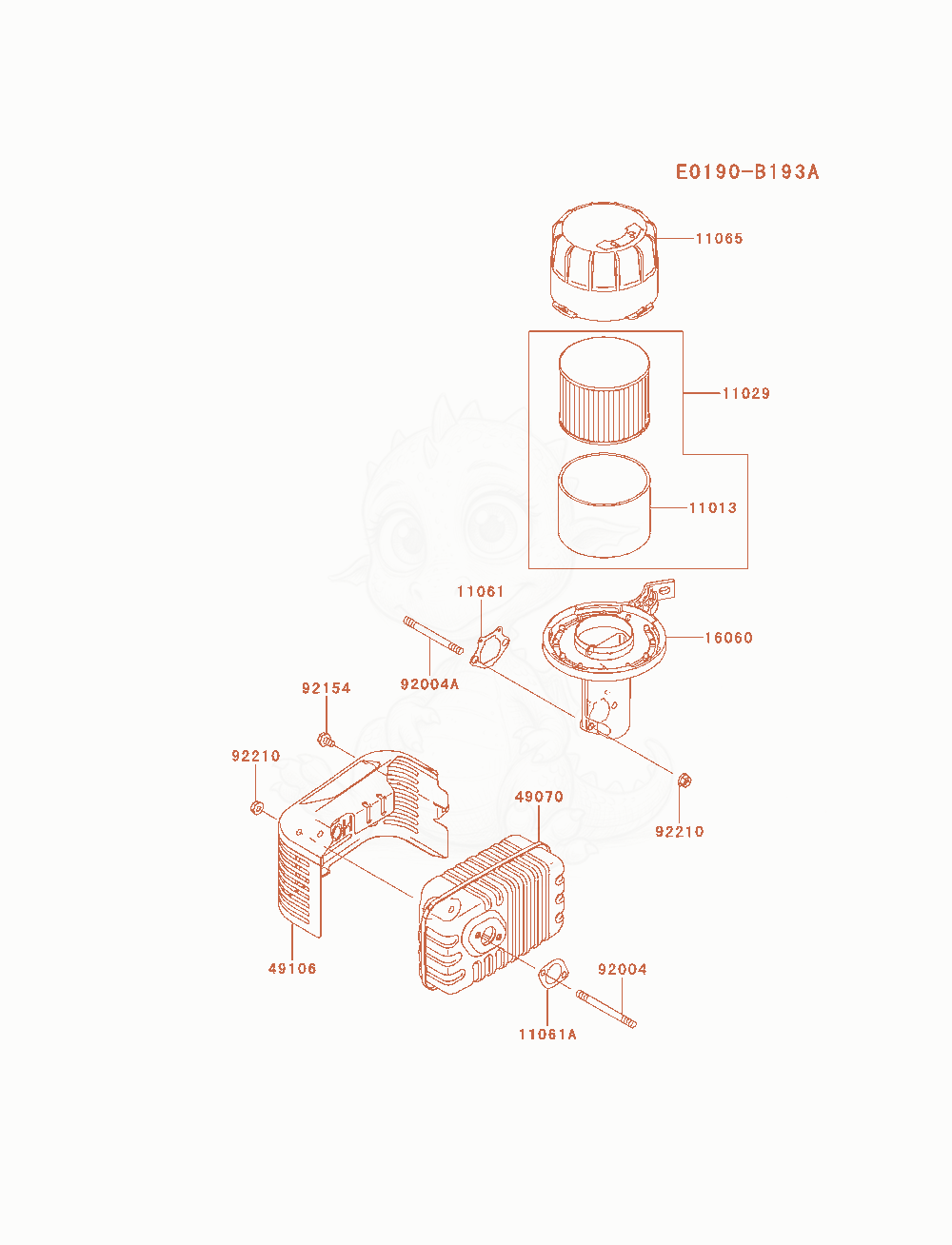 Despiece del Air-Filter / Muffler de un motor Kawasaki FJ180V-AM13, con globos numerados