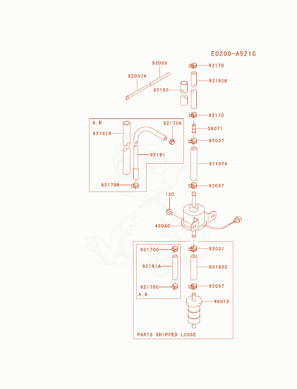 Despiece del Fuel-Tank / Fuel-Valve de un motor Kawasaki FD750D-BS08, con globos numerados