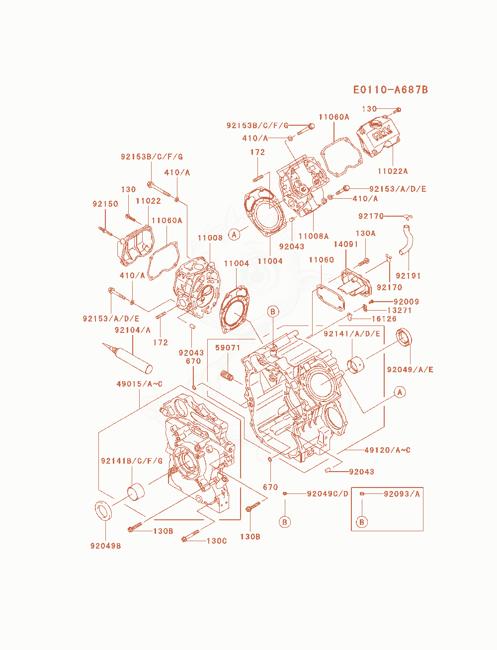 Despiece del Cylinder / Crankcase de un motor Kawasaki FD750D-BS08, con globos numerados