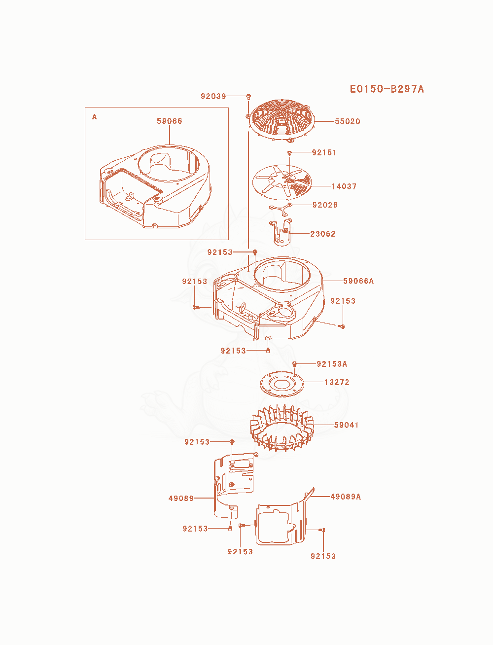 Despiece del Cooling-Equipment de un motor Kawasaki FS481V-AS29, con globos numerados